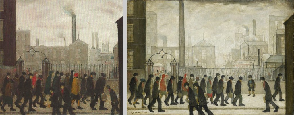 Comparison of Lowry's People Going To Work (1929, left) and Returning From Work (1934, right)