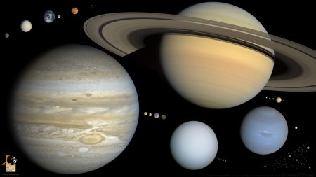 Spherical objects in the solar system, drawn to scale